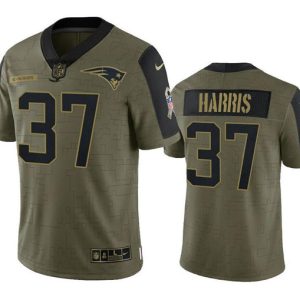 Men's New England Patriots #37 Damien Harris 2021 Olive Salute To Service Limited Stitched Jersey - Custom Name