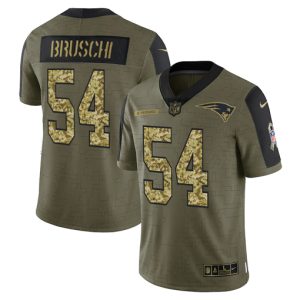 Men's New England Patriots #54 Tedy Bruschi 2021 Olive Camo Salute To Service Limited Stitched Jerseys - Custom Name
