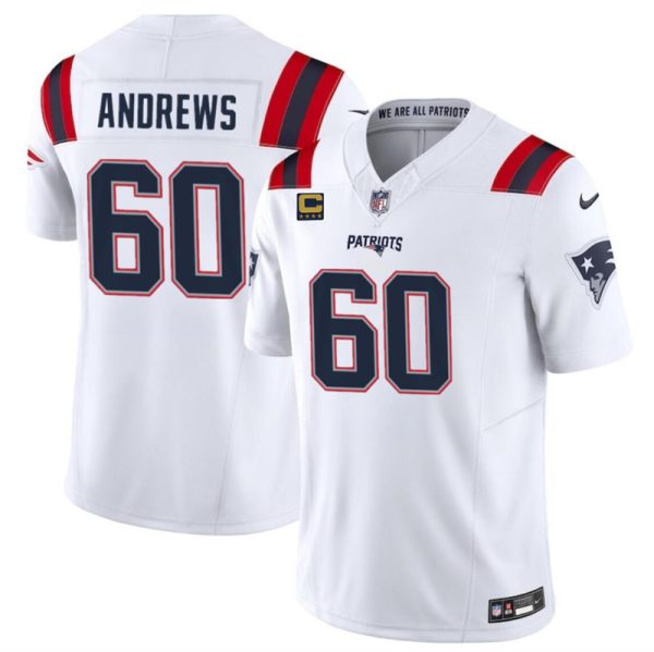Men's New England Patriots #60 David Andrews White 2023 F.U.S.E. With 4-Star C Patch Vapor Limited Stitched Football Jersey - Custom Name