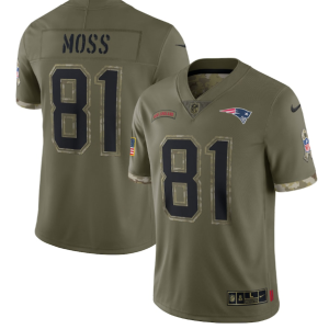 Men's New England Patriots #81 Randy Moss Olive 2022 Salute To Service Limited Stitched Jersey - Custom Name