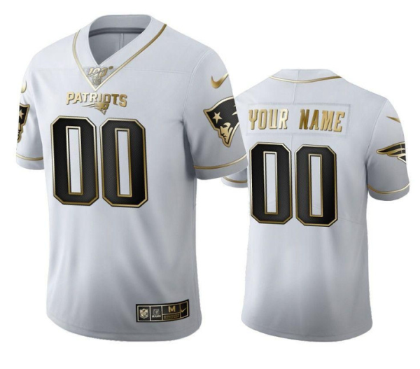 Men's New England Patriots ACTIVE PLAYER Custom White 100th Season Golden Edition Stitched Jersey - Custom Name