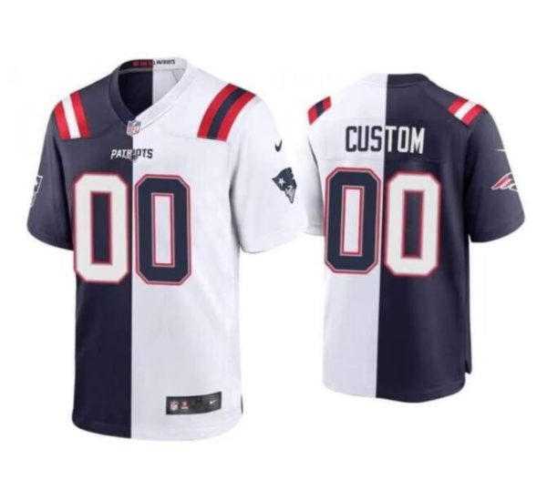 Men's New England Patriots Customized Navy White Split Stitched Game Jersey - Custom Name