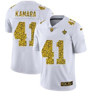 Men's New Orleans Saints #41 Alvin Kamara White NFL 2020 Leopard Print Fashion Limited Stitched Jersey - Custom Name