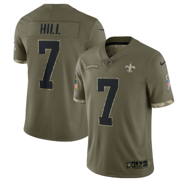 Men's New Orleans Saints #7 Taysom Hill Olive 2022 Salute To Service Limited Stitched Jersey - Custom Name