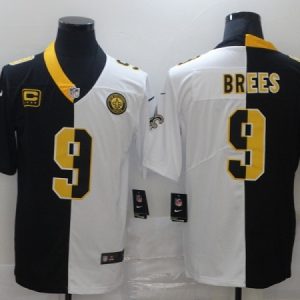 Men's New Orleans Saints #9 Drew Brees Black White Split With C Patch Stitched Jersey - Custom Name