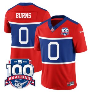Men's New York Giants #0 Brian Burns Century Red 100TH Season Commemorative Patch Limited Stitched Football Jersey - Custom Name