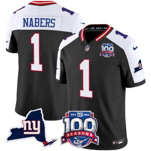 Men's New York Giants #1 Malik Nabers Black 2024 F.U.S.E. 100th Season And State Patch Vapor Limited Alternate Stitched Football Jersey - Custom Name