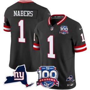 Men's New York Giants #1 Malik Nabers Black 2024 F.U.S.E. 100th Season And State Patch Vapor Limited Stitched Football Jersey - Custom Name