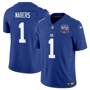 Men's New York Giants #1 Malik Nabers Blue 2024 Draft F.U.S.E. 100TH Season Patch Vapor Untouchable Limited Stitched Jersey - Custom Name