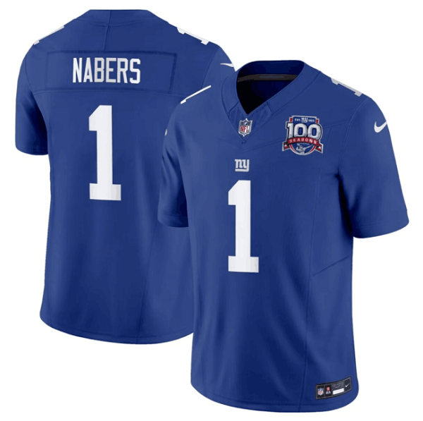 Men's New York Giants #1 Malik Nabers Blue 2024 Draft F.U.S.E. 100TH Season Patch Vapor Untouchable Limited Stitched Jersey - Custom Name
