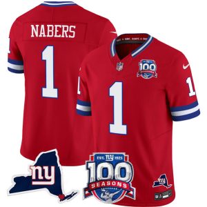 Men's New York Giants #1 Malik Nabers Red 2024 F.U.S.E. 100th Season And State Patch Vapor Limited Stitched Football Jersey - Custom Name
