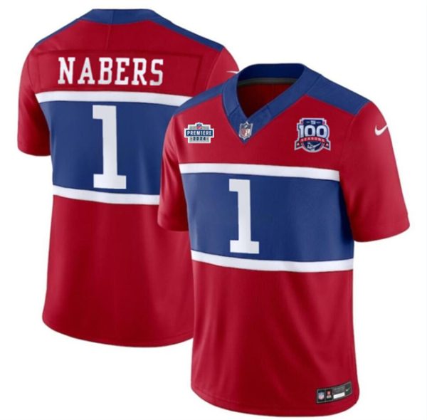 Men's New York Giants #1 Malik Nabers Red 2024 F.U.S.E. With Draft Patch Alternate 100TH Season Patch Vapor Untouchable Limited Stitched Jersey - Custom Name