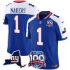 Men's New York Giants #1 Malik Nabers Royal 2024 F.U.S.E. 100th Season And State Patch Vapor Limited Alternate Stitched Football Jersey - Custom Name