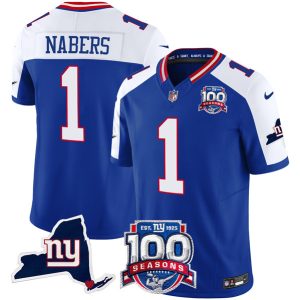 Men's New York Giants #1 Malik Nabers Royal 2024 F.U.S.E. 100th Season And State Patch Vapor Limited Alternate Stitched Football Jersey - Custom Name