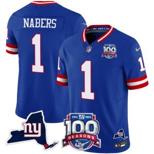 Men's New York Giants #1 Malik Nabers Royal 2024 F.U.S.E. 100th Season And State Patch Vapor Limited Stitched Football Jersey - Custom Name