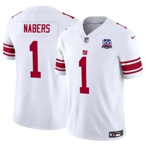 Men's New York Giants #1 Malik Nabers White 2024 Draft F.U.S.E. 100TH Season Patch Vapor Untouchable Limited Stitched Jersey - Custom Name