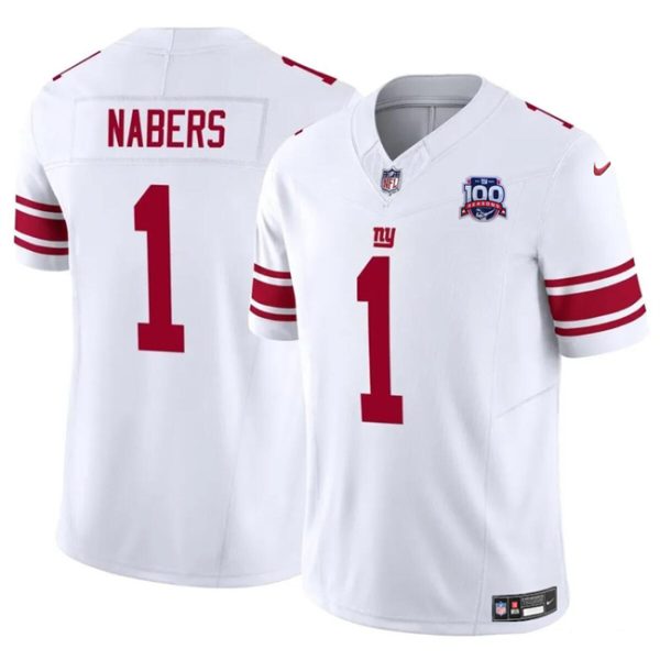 Men's New York Giants #1 Malik Nabers White 2024 Draft F.U.S.E. 100TH Season Patch Vapor Untouchable Limited Stitched Jersey - Custom Name