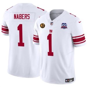 Men's New York Giants #1 Malik Nabers White 2024 Draft F.U.S.E. With John Madden Patch And 100TH Season Patch Vapor Untouchable Limited Stitched Jersey - Custom Name