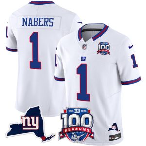 Men's New York Giants #1 Malik Nabers White 2024 F.U.S.E. 100th Season And State Patch Vapor Limited Stitched Football Jersey - Custom Name