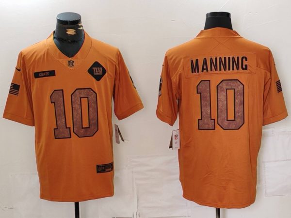 Men's New York Giants #10 Eli Manning 2023 Brown Salute To Service Limited Stitched Football Jersey - Custom Name
