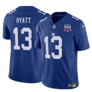 Men's New York Giants #13 Jalin Hyatt Blue 2024 F.U.S.E. 100TH Season Patch Vapor Untouchable Limited Stitched Jersey - Custom Name