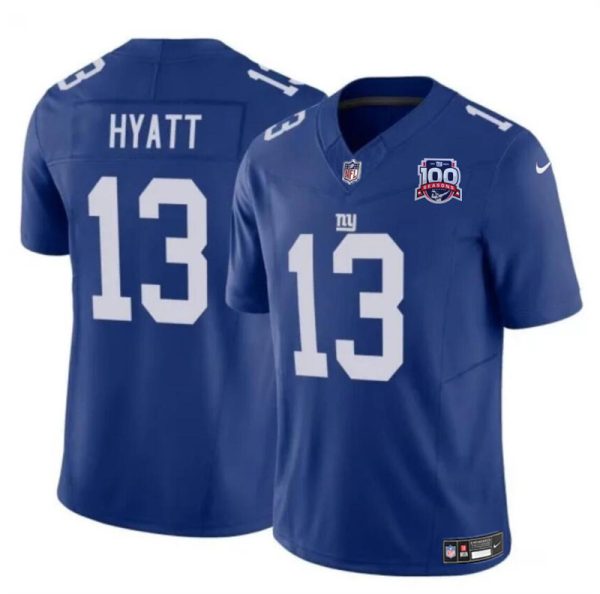Men's New York Giants #13 Jalin Hyatt Blue 2024 F.U.S.E. 100TH Season Patch Vapor Untouchable Limited Stitched Jersey - Custom Name