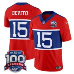 Men's New York Giants #15 Tommy DeVito Century Red F.U.S.E. 100TH Season Commemorative Patch Limited Stitched Football Jersey - Custom Name