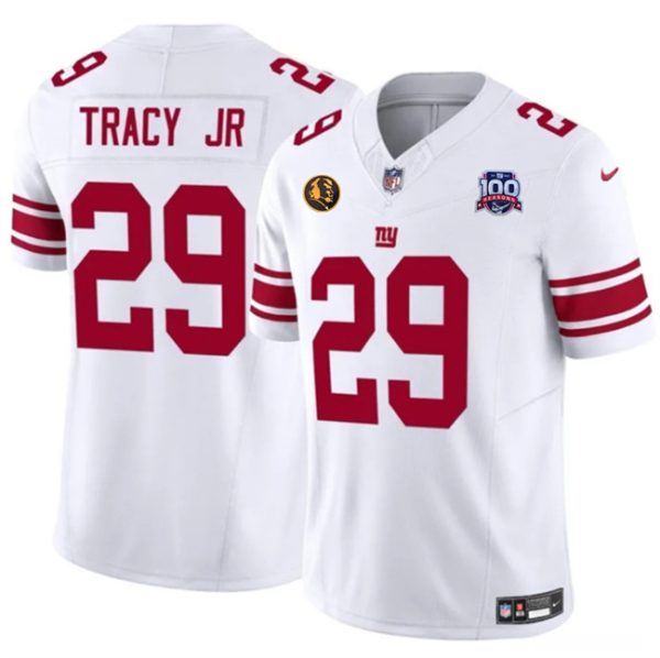 Men's New York Giants #29 Tyrone Tracy Jr. White 2024 F.U.S.E. With John Madden Patch And 100TH Season Patch Vapor Untouchable Limited Stitched Jersey - Custom Name
