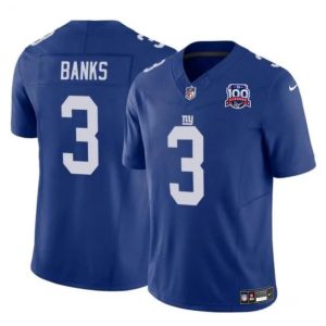 Men's New York Giants #3 Deonte Banks Blue 2024 F.U.S.E. 100TH Season Patch Vapor Untouchable Limited Stitched Jersey - Custom Name