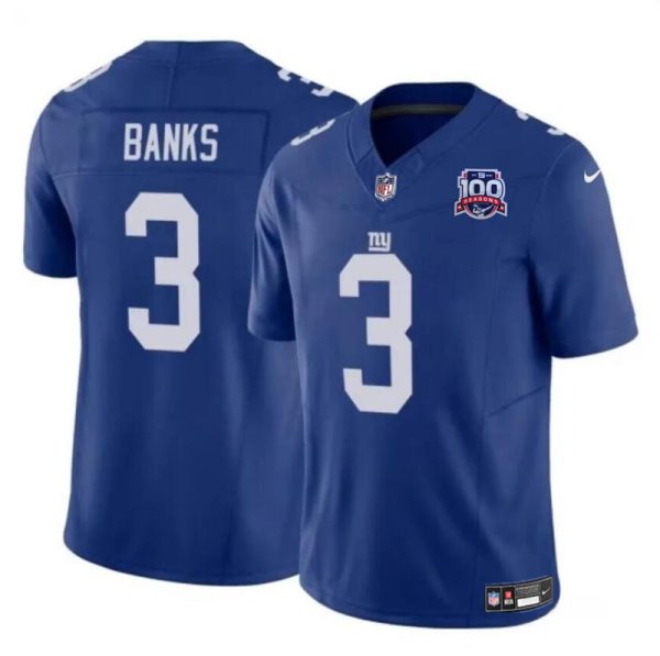 Men's New York Giants #3 Deonte Banks Blue 2024 F.U.S.E. 100TH Season Patch Vapor Untouchable Limited Stitched Jersey - Custom Name