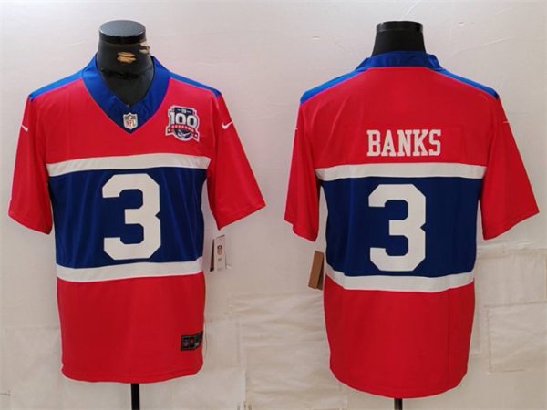 Men's New York Giants #3 Deonte Banks Century Red 100TH Season Commemorative Patch Limited Stitched Football Jersey - Custom Name