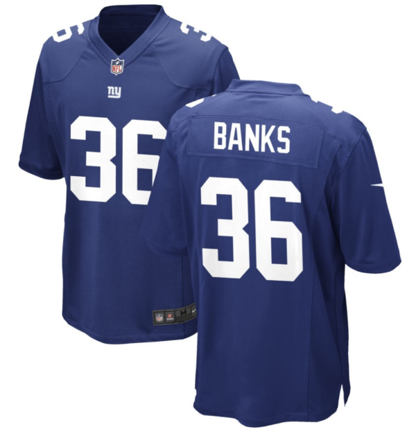 Men's New York Giants #36 Deonte Banks Blue 2023 Draft Stitched Game Jersey - Custom Name