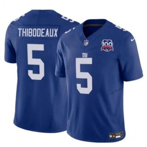Men's New York Giants #5 Kayvon Thibodeaux Blue 2024 F.U.S.E. 100TH Season Patch Vapor Untouchable Limited Stitched Jersey - Custom Name