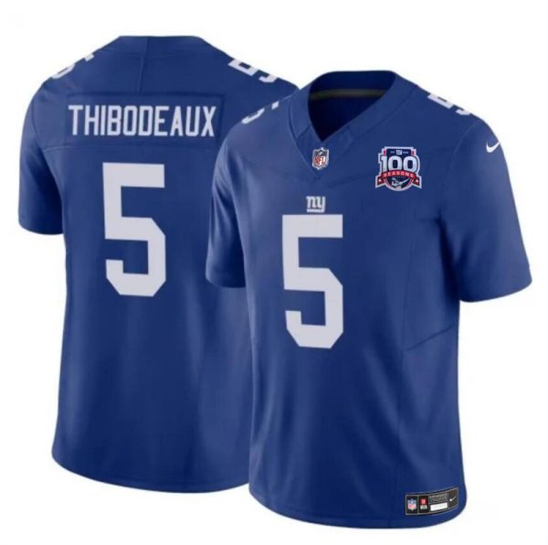 Men's New York Giants #5 Kayvon Thibodeaux Blue 2024 F.U.S.E. 100TH Season Patch Vapor Untouchable Limited Stitched Jersey - Custom Name