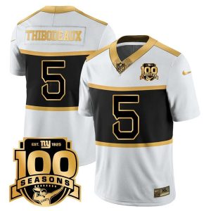 Men's New York Giants #5 Kayvon Thibodeaux White Gold 100TH Season Commemorative Patch Limited Stitched Football Jersey - Custom Name
