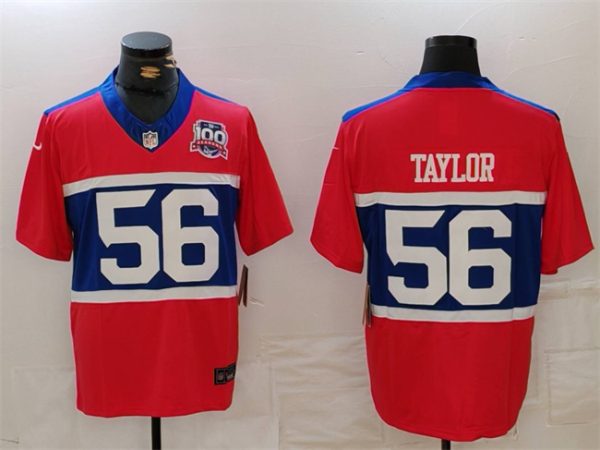Men's New York Giants #56 Lawrence Taylor Century Red 100TH Season Commemorative Patch Limited Stitched Football Jersey - Custom Name