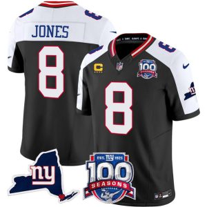 Men's New York Giants #8 Daniel Jones Black 2024 F.U.S.E. With 4-Star C Patch 100th Season And State Patch Vapor Limited Alternate Stitched Football Jersey - Custom Name