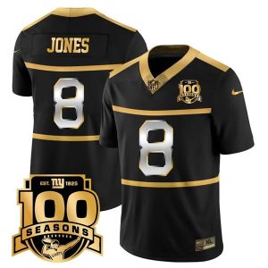 Men's New York Giants #8 Daniel Jones Black Gold 100TH Season Commemorative Patch Limited Stitched Football Jersey - Custom Name