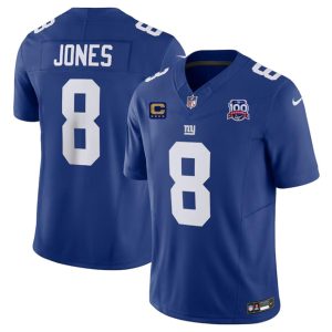 Men's New York Giants #8 Daniel Jones Blue 2024 F.U.S.E. With 4-Star C Patch And 100TH Season Patch Vapor Untouchable Limited Stitched Jersey - Custom Name
