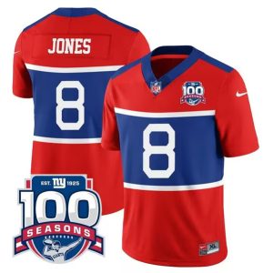 Men's New York Giants #8 Daniel Jones Century Red 100TH Season Commemorative Patch Limited Stitched Football Jersey - Custom Name
