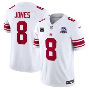 Men's New York Giants #8 Daniel Jones White 2024 F.U.S.E. With 4-Star C Patch And 100TH Season Patch Vapor Untouchable Limited Stitched Jersey - Custom Name