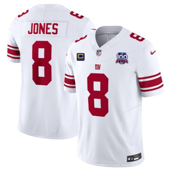 Men's New York Giants #8 Daniel Jones White 2024 F.U.S.E. With 4-Star C Patch And 100TH Season Patch Vapor Untouchable Limited Stitched Jersey - Custom Name