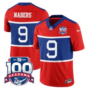 Men's New York Giants #9 Malik Nabers Century Red 2024 Draft 100TH Season Commemorative Patch Limited Stitched Football Jersey - Custom Name