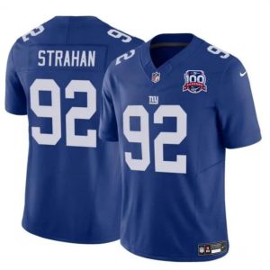 Men's New York Giants #92 Michael Strahan Blue 2024 F.U.S.E. 100TH Season Patch Vapor Untouchable Limited Stitched Jersey - Custom Name