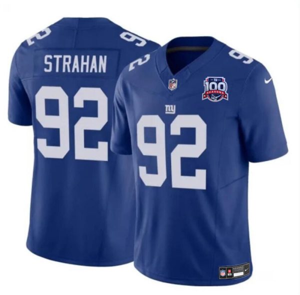 Men's New York Giants #92 Michael Strahan Blue 2024 F.U.S.E. 100TH Season Patch Vapor Untouchable Limited Stitched Jersey - Custom Name