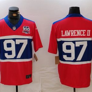 Men's New York Giants #97 Dexter Lawrence II Century Red 100TH Season Commemorative Patch Limited Stitched Football Jersey - Custom Name