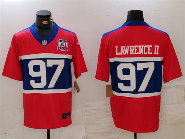 Men's New York Giants #97 Dexter Lawrence II Century Red 100TH Season Commemorative Patch Limited Stitched Football Jersey - Custom Name