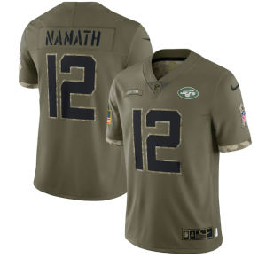 Men's New York Jets #12 Joe Namath Olive 2022 Salute To Service Limited Stitched Jersey - Custom Name