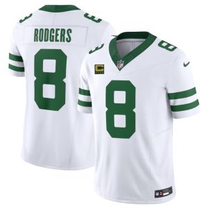 Men's New York Jets #8 Aaron Rodgers White 2023 F.U.S.E. With 4-Star C Patch Vapor Limited Throwback Stitched Football Jersey - Custom Name