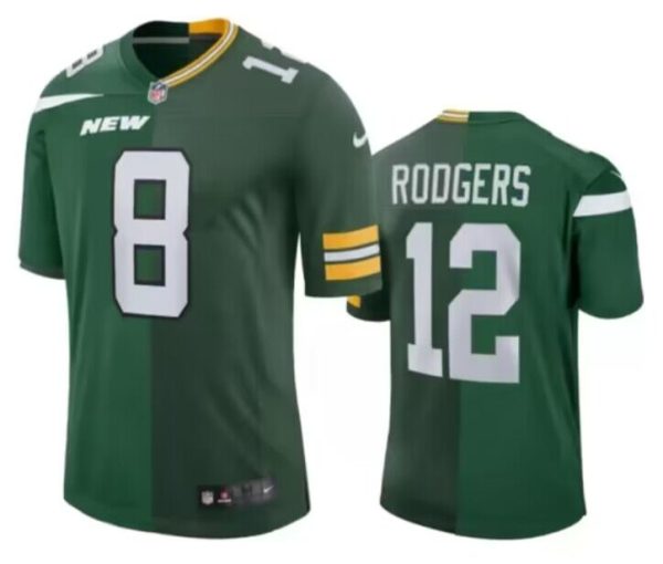 Men's New York Jets Front #8 Back #12 Aaron Rodgers Split Green Jersey - Custom Name